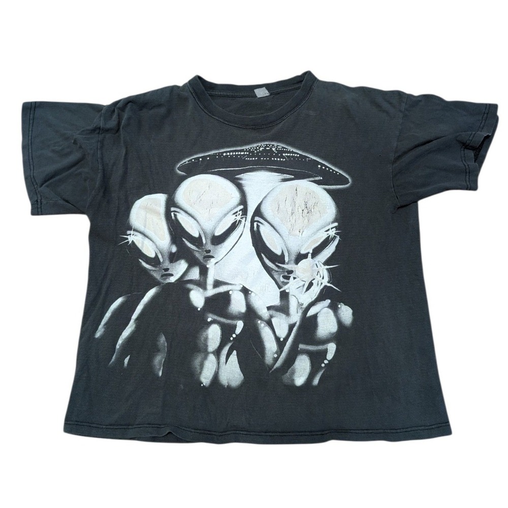 Vintage Alien UFO You Are Here Galaxy Graphic T-Shirt Faded Black XL